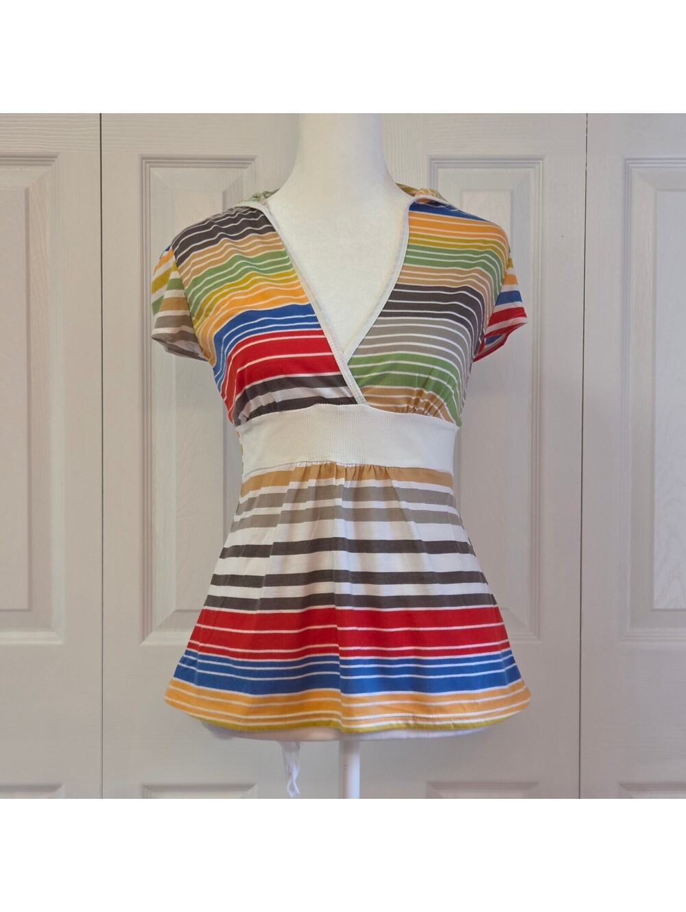 Vintage Y2K Rainbow Striped Hooded Short Sleeve Babydoll Top Size M (XS/S)